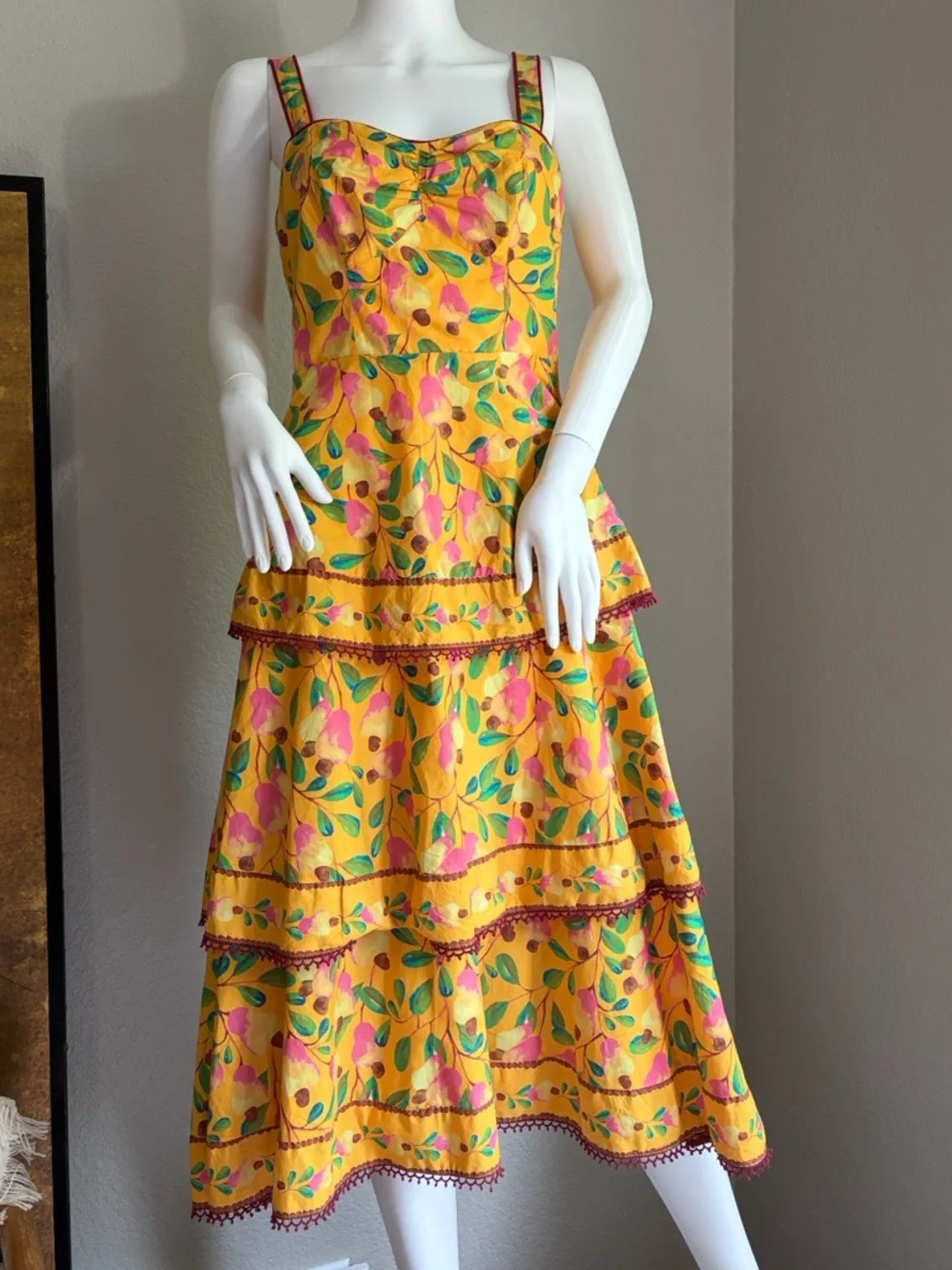 Farm Rio Cashew Tiered Midi Dress, floral print, fit & flare, cotton, vacation - Picture 1 of 15